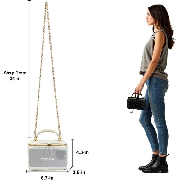 Genuine Leather Mini Crossbody Bag Quilted Gold Chain Purse for Women - Picture 6 of 9